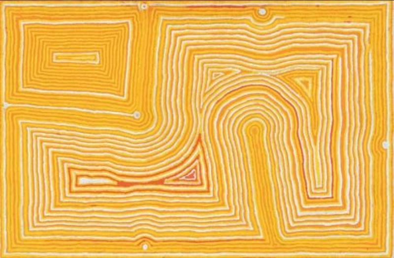 Tjumpo Tjapanangka Kukurpungku 2000, with closely spaced yellow, white and ochre lines forming large geometric and curving shapes across the canvas.