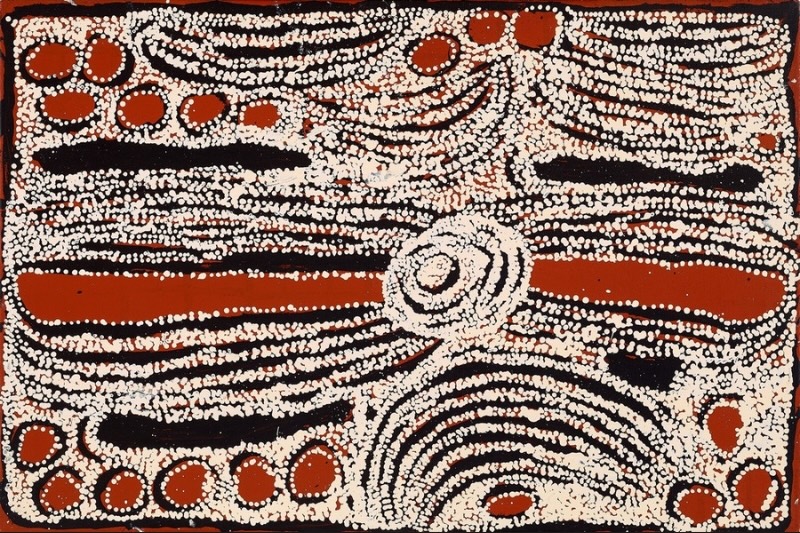 Ningura Napurrula Wirrulnga, 2010, depicting the Wirrulnga rockhole through concentric forms, elongated linear motifs and red, black and white patterning.