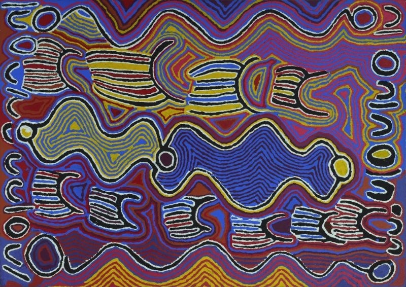 Judy Watson Napangardi painting Mina Mina Jukurrpa, 2001, with large yellow and purple sinuous forms, striped U-shaped motifs and dense flowing lines in red, blue, yellow, black and white.