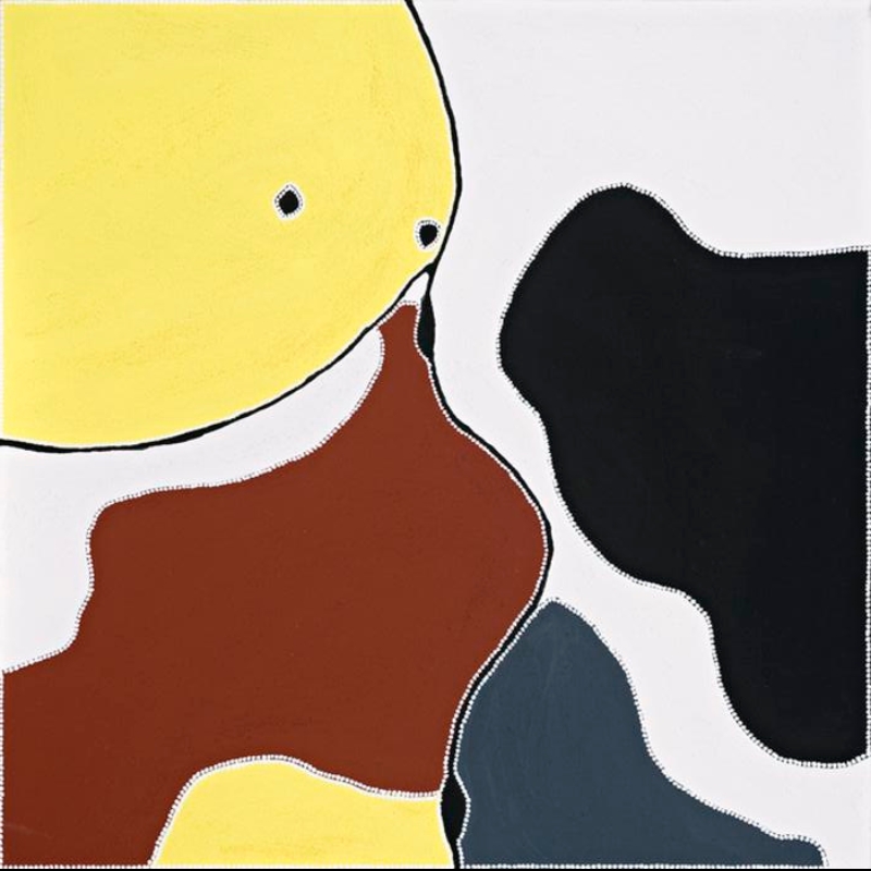 Freddie Timms Lacey Folly, 2003 – East Kimberley Aboriginal landscape painting in yellow, red-brown, black, white and blue-grey ochres with dotted boundaries