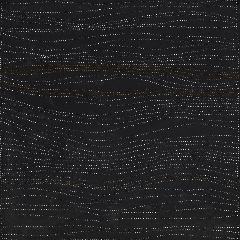 Abstract painting on a black background with delicate horizontal bands of tiny white dots flowing gently across the canvas. Thin lines of pale ochre dots weave between the white bands, creating the impression of layered salt flats, sandhills and ancestral pathways stretching across the desert.