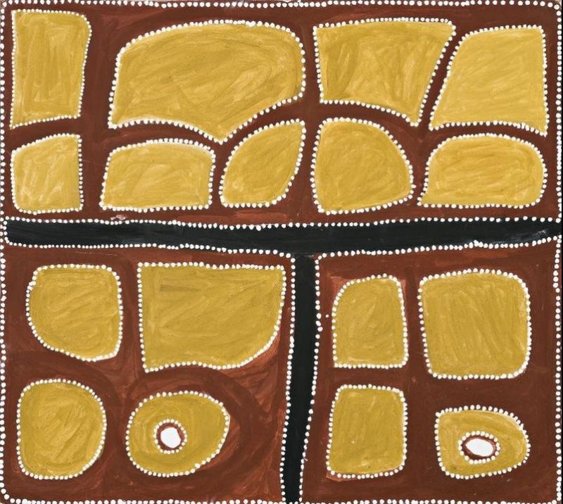 Abstract Aboriginal painting with a rich reddish-brown background divided by bold black horizontal and vertical bands. Large irregular golden ochre shapes fill the upper and lower sections, each outlined with fine white dots. Two smaller oval shapes near the bottom contain white centres, while the composition is framed by a border of evenly spaced white dots, creating strong contrast between the black, ochre, reddish-brown and white colours.