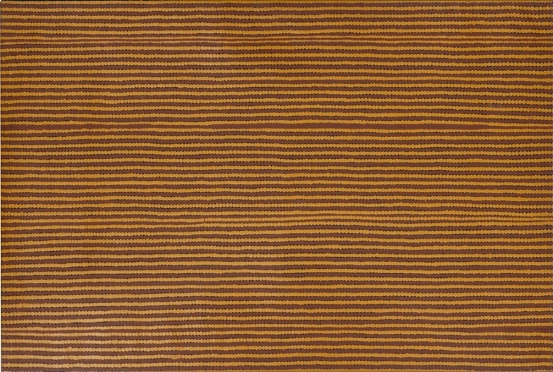 Turkey Tolson Tjupurrula Straightening of the Spears 1999 Aboriginal painting with finely painted horizontal dotted bands in ochre and brown reflecting the artist's minimalist Pintupi style.