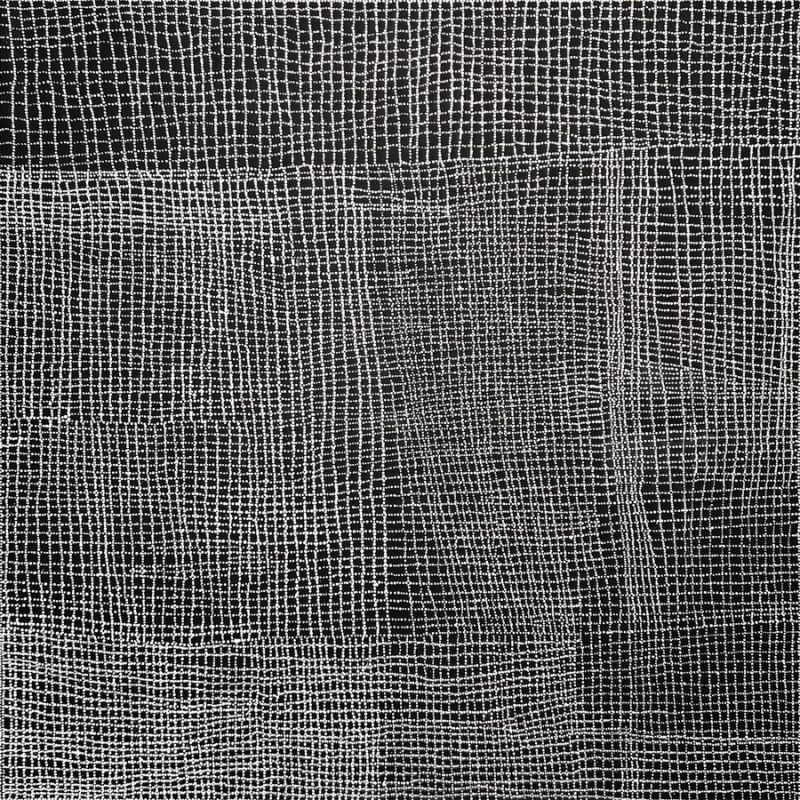 Abstract painting of tiny white dots on a black background. Fine dotted lines form a gently distorted grid of horizontal and vertical bands, with broader horizontal bands across the composition creating a layered, shimmering surface.