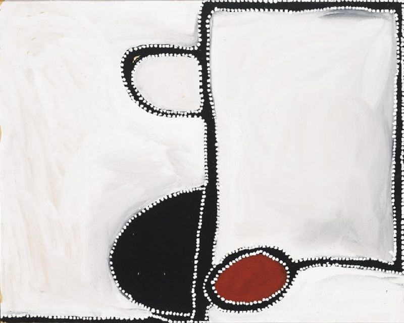 Abstract Aboriginal painting on a pale cream background with a large white rectangular form outlined in black dominating the right side. A bold black vertical band divides the composition, with a rounded black shape in the lower left and a small white oval outlined in black near the centre left. A single reddish-brown oval sits near the lower centre. Fine white dots trace every black outline and the outer border, creating a calm, minimalist composition.