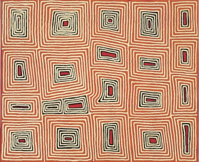 Ronnie Tjampitjinpa’s Tingari (1995), featuring a grid-like field of nested rectangular forms in red, white and black, each surrounding a smaller central geometric motif.