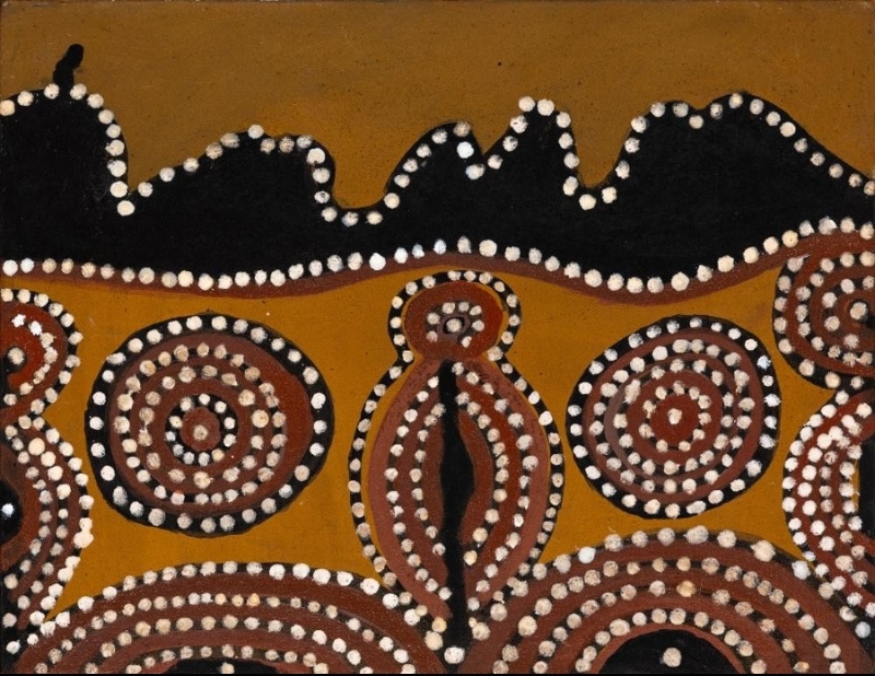 Jalbooroo (Ord River), 1999 by Jack Britten, with concentric red and black ochre circles, a central elongated oval form and a black dotted range across the top.