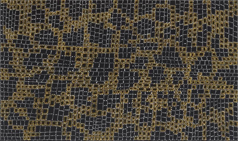 Abstract painting of tiny cream dots on a black background. Fine white dotted lines form a delicate grid overlaid with larger cream dotted shapes, creating a layered pattern of intersecting pathways and irregular geometric forms.