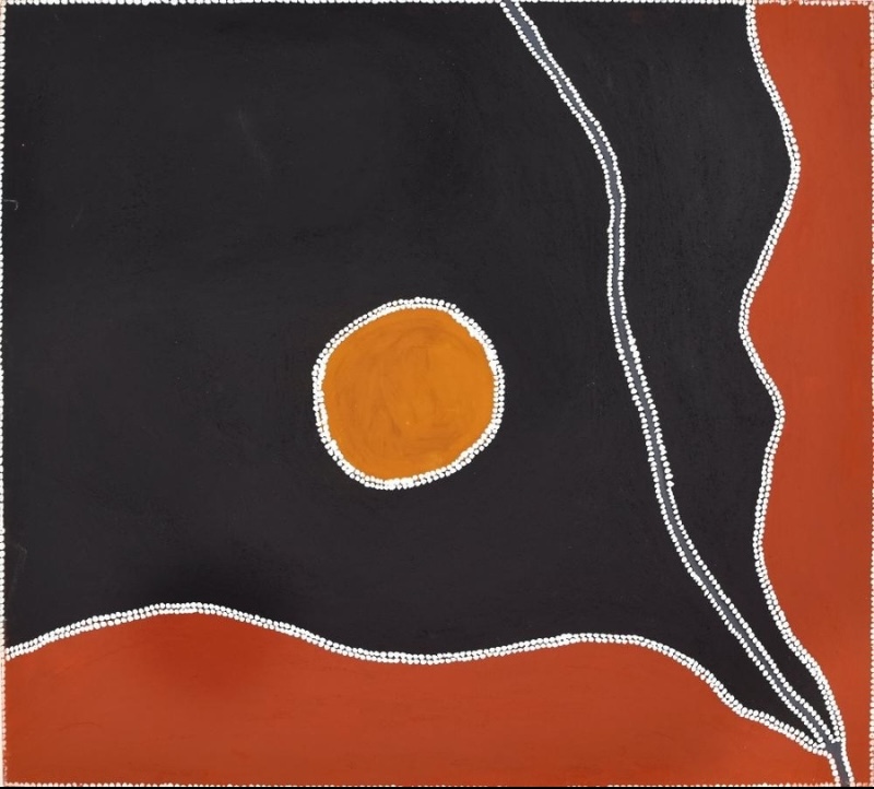 Freddie Timms Wolf Crater 1999, Aboriginal ochre painting with a yellow crater surrounded by black and red fields and white dotted lines