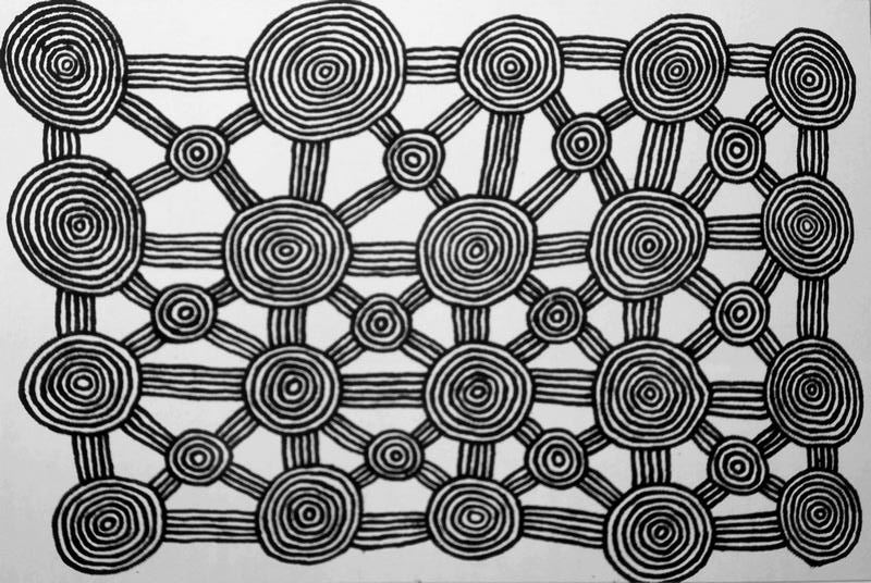 Ronnie Tjampitjinpa’s Tingari Cycle (1997), featuring a black network of large and small concentric circles joined horizontally, vertically and diagonally by groups of parallel lines on a white ground