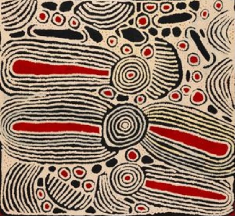 Ningura Napurrula Women’s Ceremony, 2008, with three concentric circular forms connecting elongated red, black and white ceremonial designs.