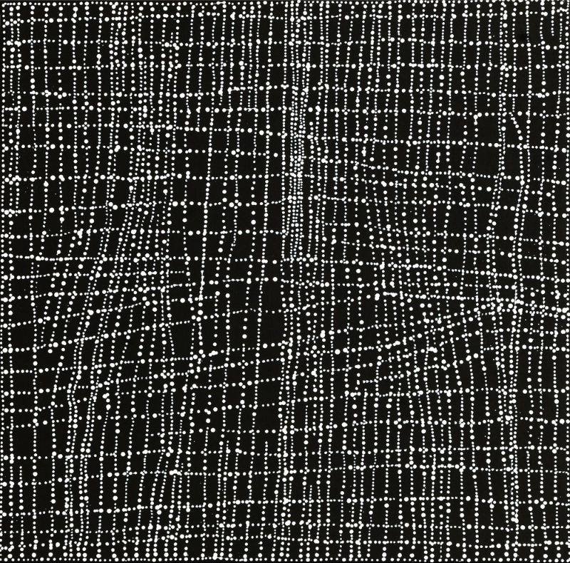Abstract painting of large white dots on a black background. The dots form a delicate grid of intersecting vertical and horizontal lines with gently irregular spacing, creating a shimmering geometric pattern across the canvas.