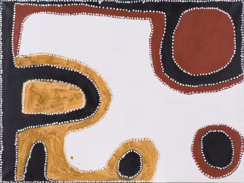 Abstract Aboriginal painting on a white background with bold black, reddish-brown and ochre forms arranged around large areas of open space. A large reddish-brown circular shape sits in the upper right corner, while sweeping ochre and black forms occupy the left side and lower edge. A smaller black oval outlined in reddish brown appears in the lower right. Fine white dots trace every major shape and the outer border, creating a rhythmic, high-contrast composition.