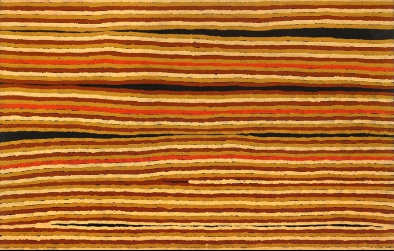 Turkey Tolson Tjupurrula Untitled (Spear Dreaming), 1995. Aboriginal painting composed of parallel horizontal bands in ochre, cream, red, brown and black stretching across the entire canvas.