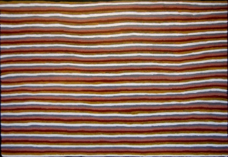 Turkey Tolson Tjupurrula Untitled, 1997. Aboriginal painting composed of broad horizontal bands of white, ochre, red and blue-grey stretching across the entire canvas.
