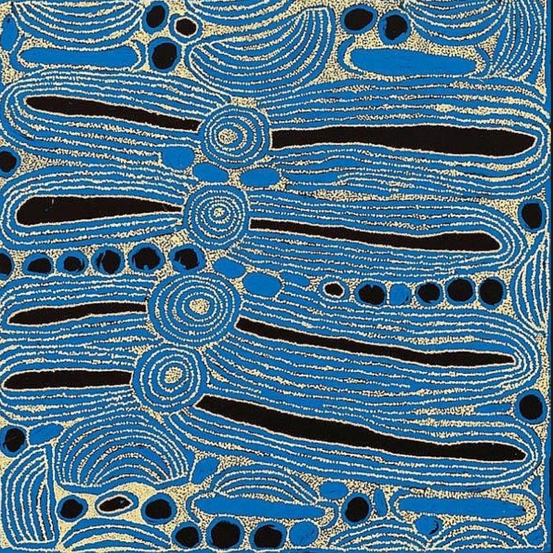 Ningura Napurrula Women’s Ceremony, 2007, with concentric circles linking elongated black forms amid blue linear designs and dense cream dotting.