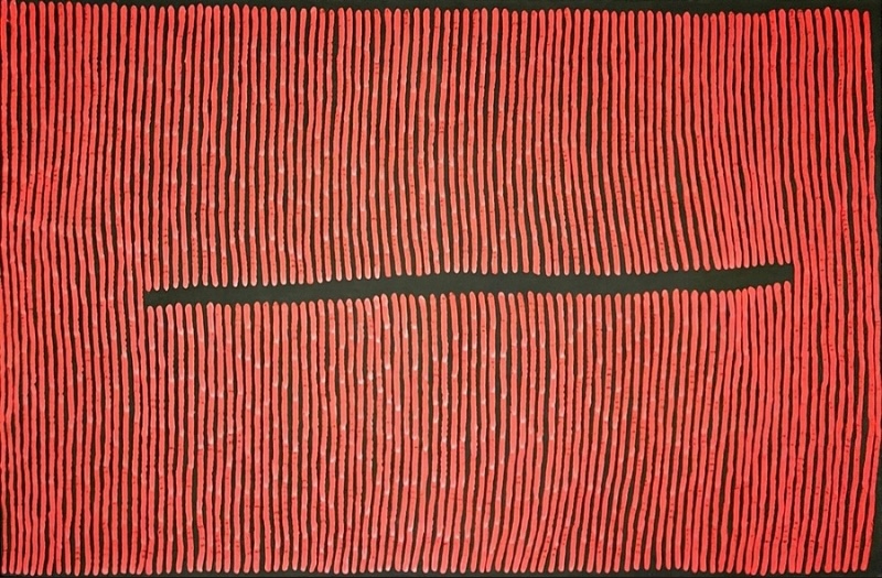 Ronnie Tjampitjinpa Tingari 2007 painting, with dense vertical red lines surrounding a long horizontal black form on a black ground.