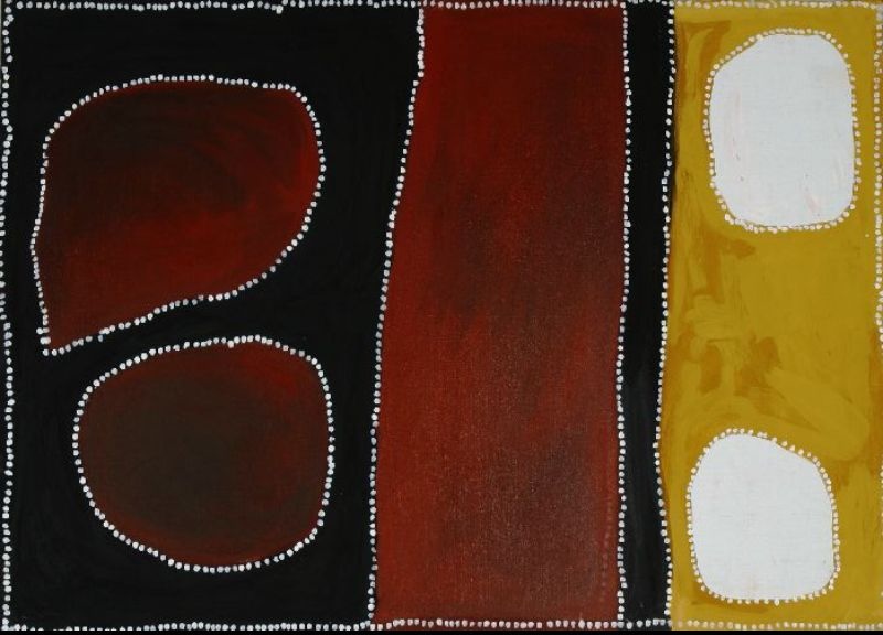 Abstract Aboriginal painting divided into three bold vertical sections. The left section is black with two large reddish-brown rounded shapes outlined in white dots. The centre is a solid vertical reddish-brown band. The right section is ochre yellow containing two large white oval forms. Fine white dots outline every shape and the outer border, creating a strong geometric composition in black, ochre, reddish brown and white.