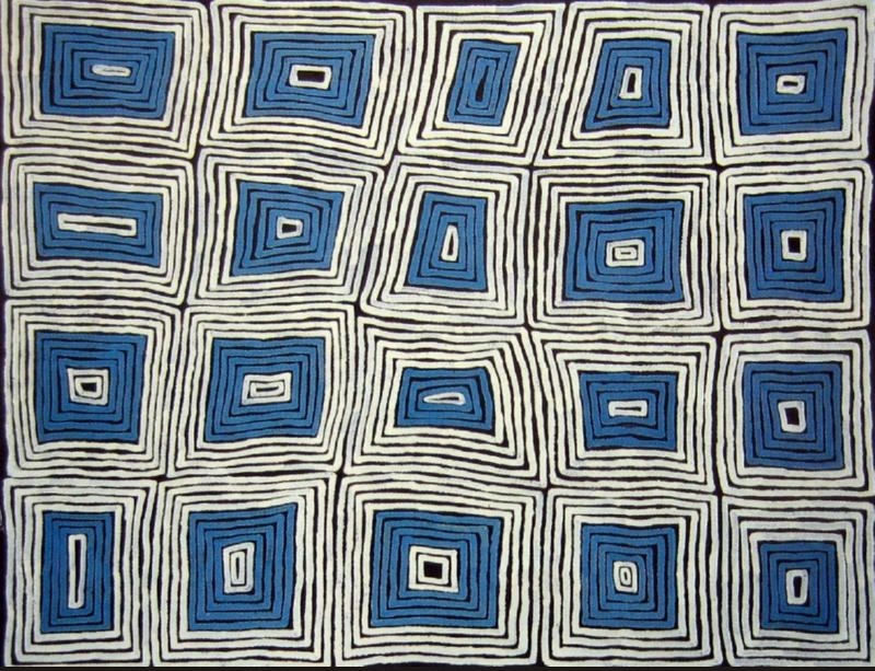 Ronnie Tjampitjinpa’s Tingari Cycle (1996), featuring twenty irregular nested rectangular forms arranged in a grid, with deep blue centres surrounded by repeated black and white linear bands.