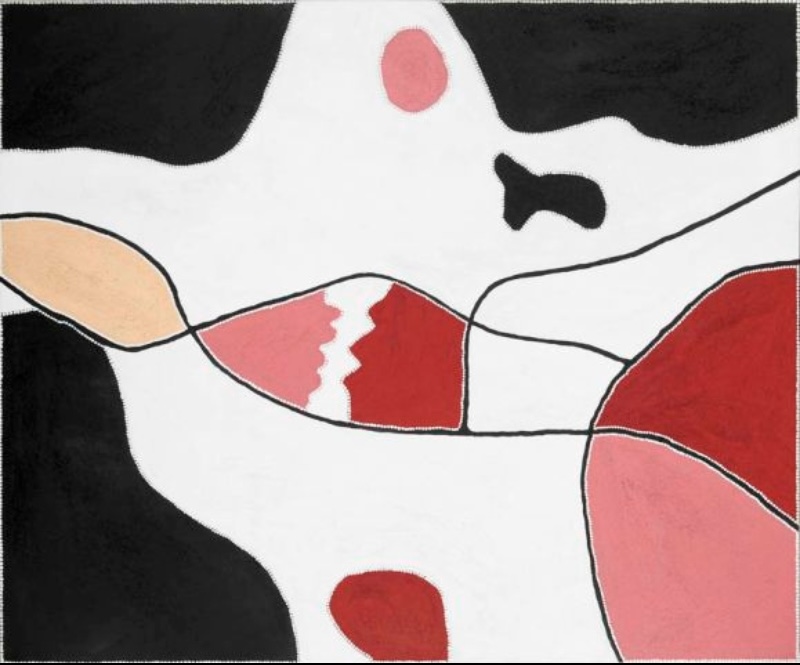 Freddie Timms Number 2 Bore, Lissadell, 2004 – East Kimberley Aboriginal landscape painting in black, white, red, pink and pale ochre with intersecting tracks
