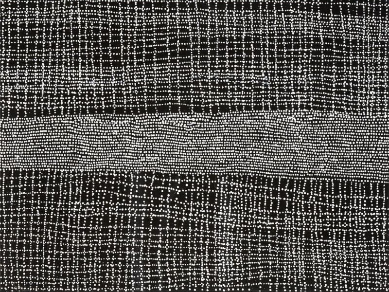 Abstract painting of tiny white dots on a black background. A broad horizontal band of densely packed dots runs across the centre, while finer dotted grids above and below create a shimmering pattern of intersecting lines.