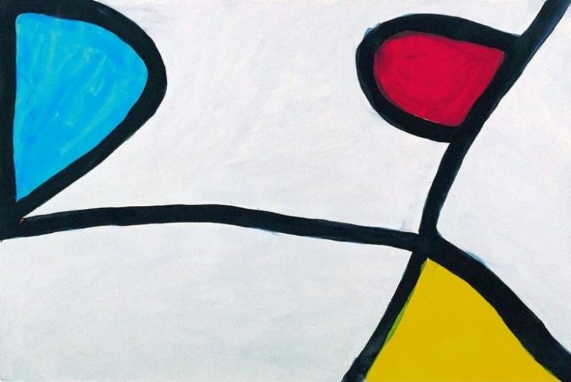 Abstract gouache painting by Paddy Bedford featuring sweeping black lines enclosing a turquoise blue shape, a crimson red form and a yellow triangular shape against a white background. The simplified composition is painted with broad gestural brushstrokes and bold colour fields.