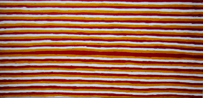 Turkey Tolson Tjupurrula Spear Straightening 2000 Aboriginal painting with bold horizontal red bands separated by white lines in the artist's minimalist Pintupi style.
