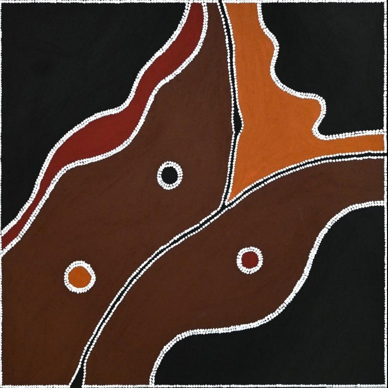 Freddie Timms Bow Junction, 2011 – aerial East Kimberley landscape showing waterways, junctions and waterholes in black, brown and orange ochres