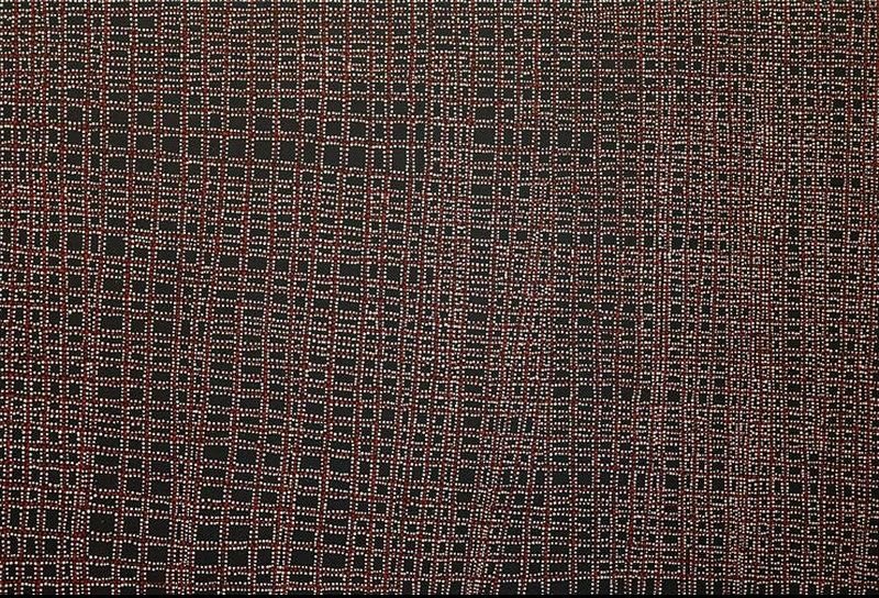 Abstract painting on a black background covered with thousands of tiny white and reddish-ochre dots arranged in a dense network of intersecting horizontal and vertical lines. The delicate grid gently bends and compresses across the surface, creating the appearance of cracked salt flats and ancestral pathways viewed from above.