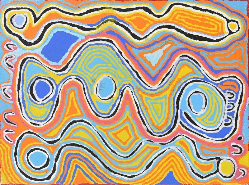 Judy Watson Napangardi painting Mina Mina Jukurrpa, 2004, with large flowing forms, circular motifs and U-shaped figures surrounded by bright blue, yellow, orange, pink, black and white lines.