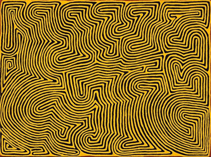 Ronnie Tjampitjinpa Tingari Dreaming 2002 painting, with dense yellow and black parallel lines bending into interlocking angular and curving geometric forms.