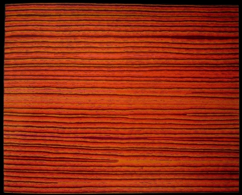 Turkey Tolson Tjupurrula Straightening Spears at Illyingaungau 2000 Aboriginal painting with flowing horizontal bands in vibrant red, orange and black representing the ceremonial straightening of hunting spears.