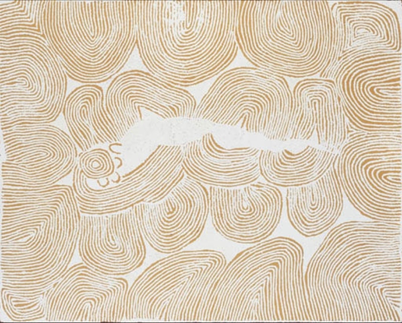 Pale ochre and white Aboriginal painting by Ningura Napurrula filled with closely spaced parallel lines forming large rounded, looping and U-shaped fields. A broad irregular white band crosses the centre, with a small concentric circle and curved motifs near the left side.