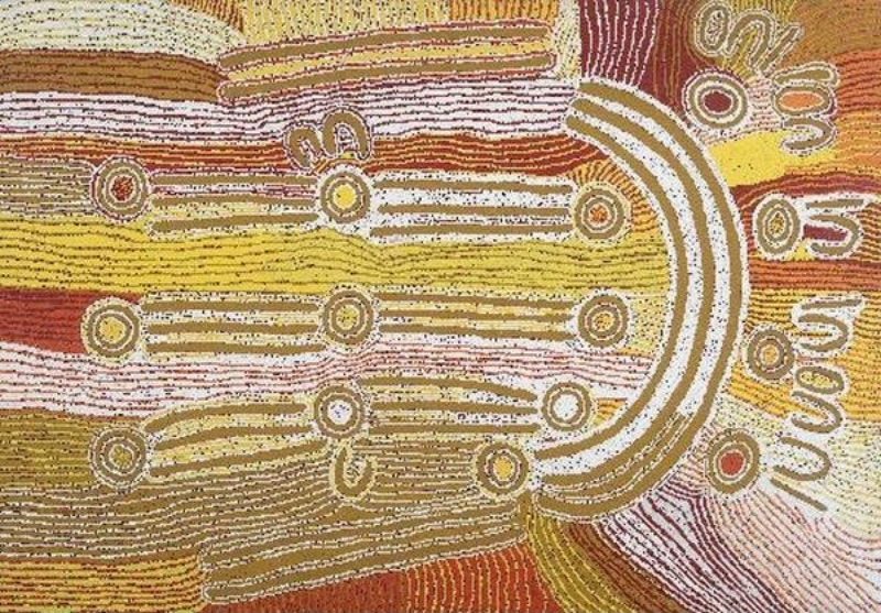 Maggie Watson Napangardi painting with rows of long horizontal digging-stick forms connecting circular motifs, a large curved windbreak at right, and dense fields of yellow, ochre, pink and white dots.