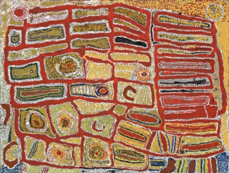 Wimmitji Tjapangarti's Artist's Country, 1991, with red pathways dividing densely dotted rectangular sites and circular forms in yellow, ochre, white, green and black.