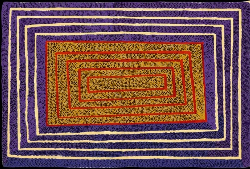 Boxer Milner’s Kururrungka (2001), with nested rectangular bands of purple, white, red and ochre filled with dense dotting across the canvas.