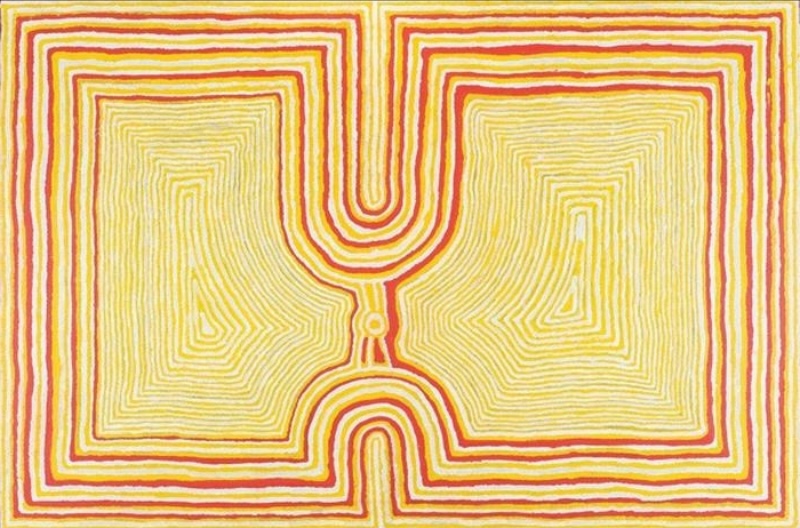 Tjumpo Tjapanangka Wati Kutjarra 2003, with parallel red, yellow and white lines forming two large symmetrical fields joined around a central circular form.