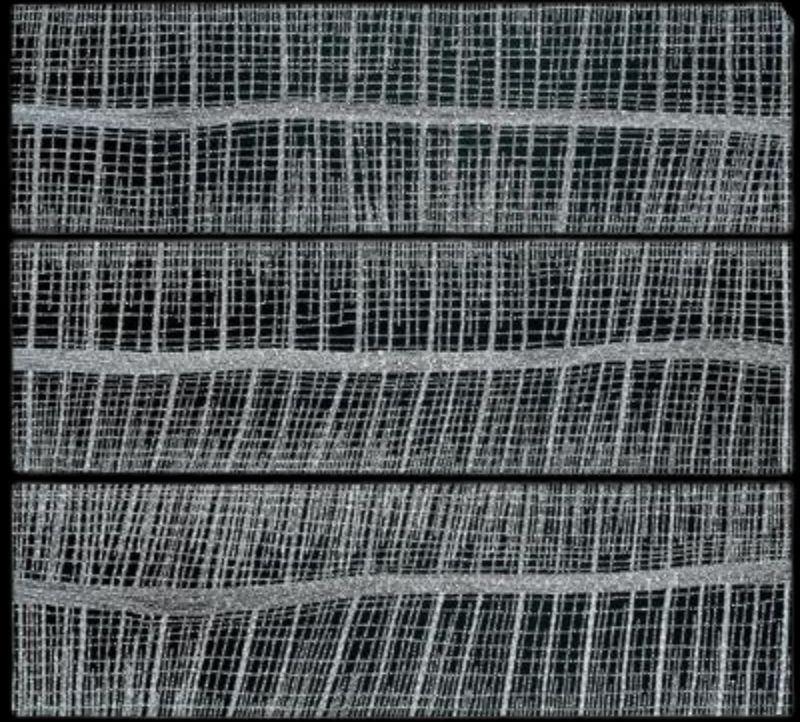 Three vertically aligned abstract panels filled with tiny white dots on a black background. Fine horizontal and vertical dotted lines form a shimmering grid, with a broad horizontal band running across the centre of each panel.