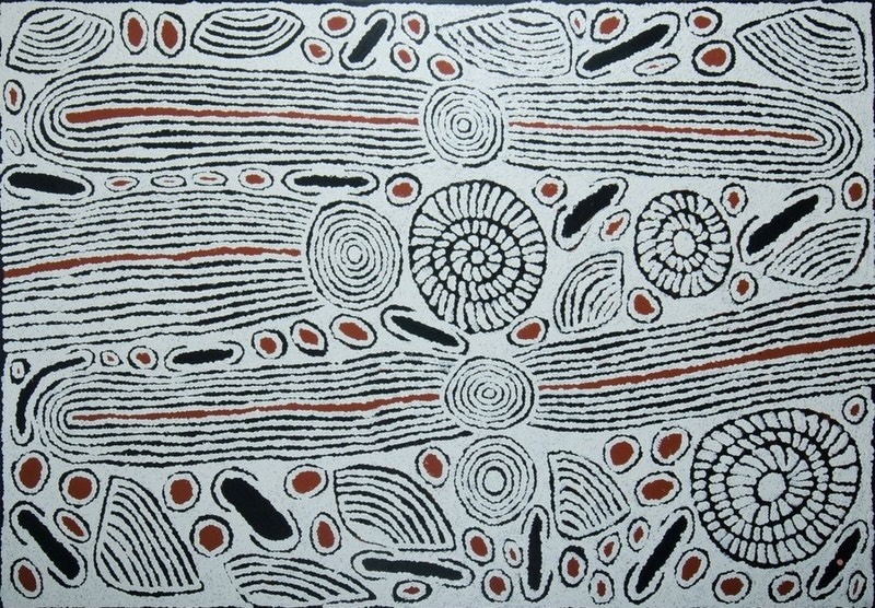 Ningura Napurrula Wirrulnga, 2008, with concentric circles, elongated linear forms and radiating circular motifs in black, white and red.