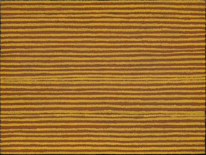 Turkey Tolson Tjupurrula Straightening Spears, 1992. Aboriginal painting composed of closely spaced horizontal ochre and brown lines extending across the entire canvas with a subtle lighter band through the centre.
