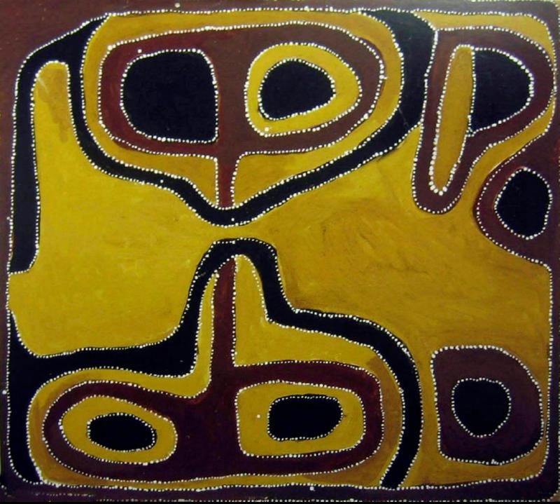 Abstract Aboriginal painting with a golden ochre background filled with thick black and reddish-brown curving bands that divide the surface into irregular enclosed shapes. Several black oval forms sit within larger ochre and reddish-brown areas, all outlined with fine white dots. The composition has no empty spaces, creating a dense network of interconnected shapes across the canvas.