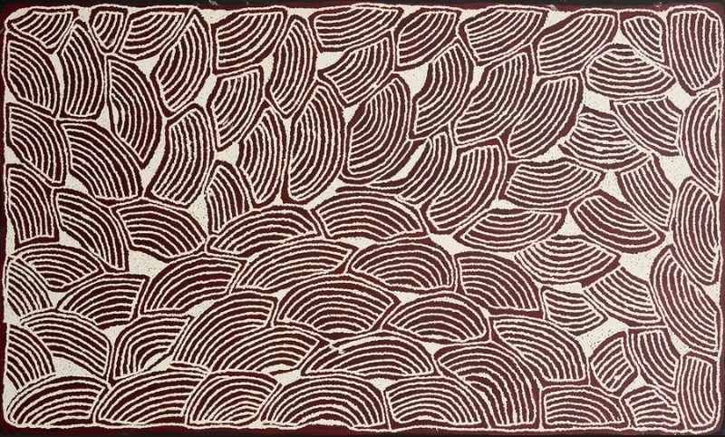Ningura Napurrula Untitled, 2009, composed almost entirely of overlapping curved linear forms in deep brown and white.