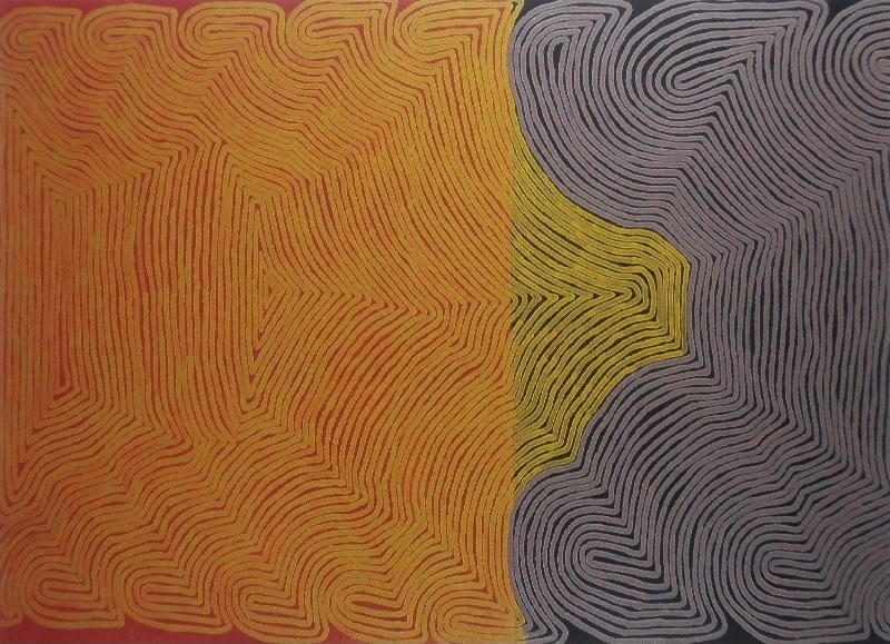 Ronnie Tjampitjinpa Water Dreaming 1998 painting, with dense flowing parallel lines in orange, yellow, black and grey forming large interlocking geometric shapes