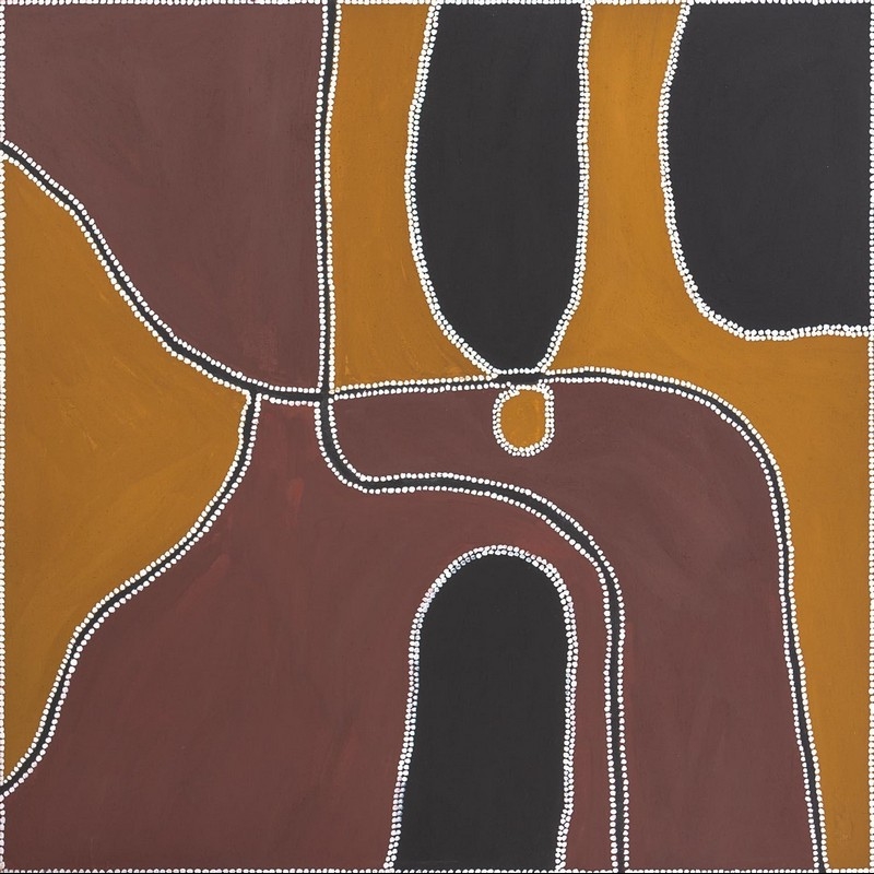 Freddie Timms Victory Hole 1998, Aboriginal painting with large brown, yellow and black ochre shapes outlined by white dots