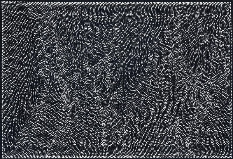 Abstract painting of thousands of tiny white dots on a black background. The dots form long, flowing vertical bands that bend and converge like rolling sand dunes, creating a shimmering sense of movement across the canvas.