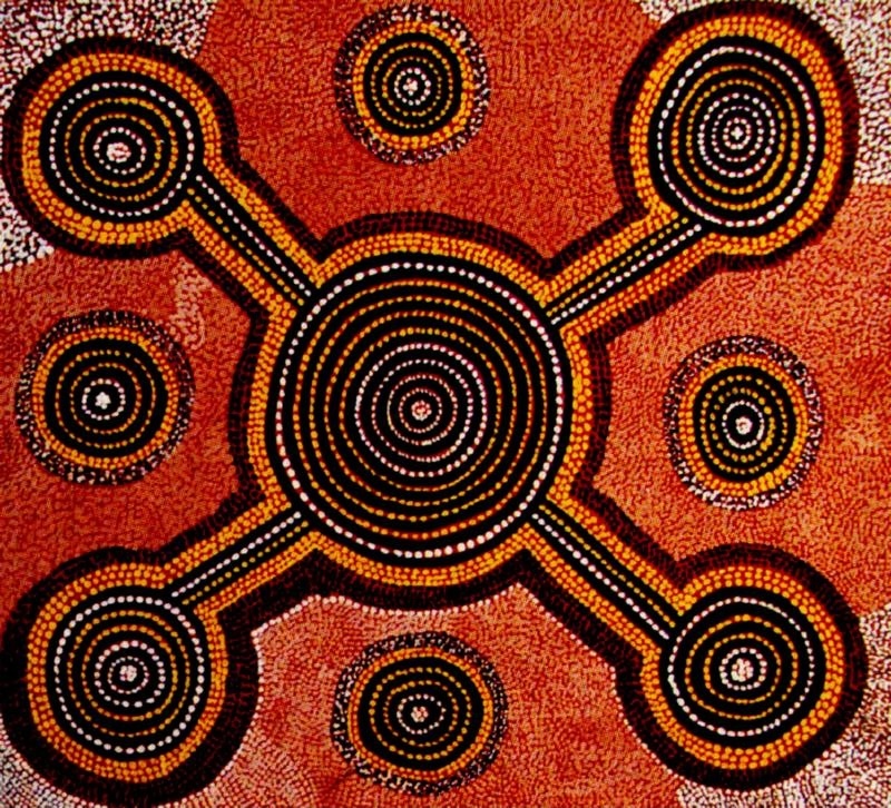 Turkey Tolson Tjupurrula Untitled c.1974 early Papunya board painting with concentric circles connected by ceremonial pathways.