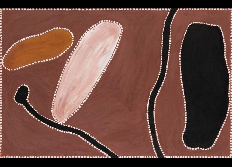 Freddie Timms Goowadoog-Marli Country, 1990, ochre painting with red-brown ground, black, pink and orange forms and white dotted outlines