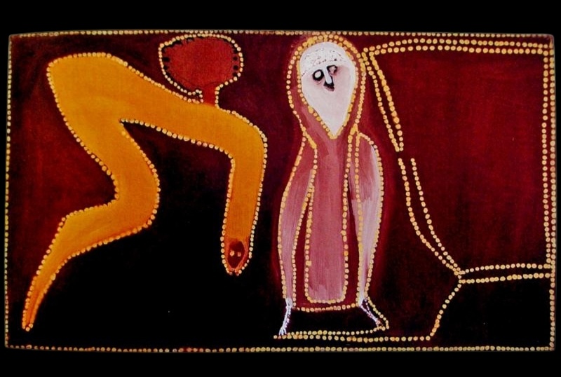 Rover Thomas Gulgoodji painting with a central pink figure, large yellow form and red, black and ochre fields outlined with dots.