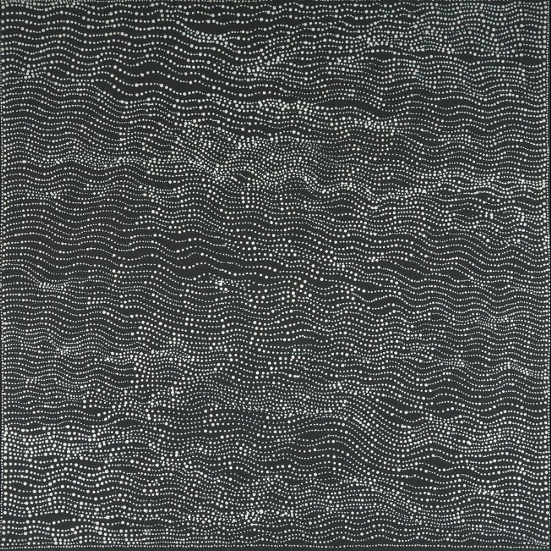 Abstract painting of thousands of tiny white dots on a black background. The dots form gently undulating horizontal bands that flow across the canvas, with subtle clusters and open spaces creating a shimmering, wave-like surface.