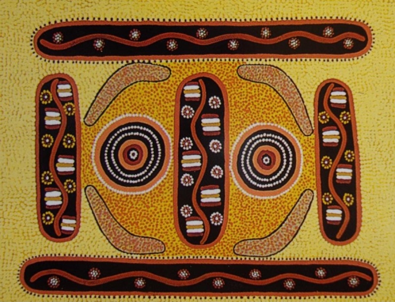 Turkey Tolson Tjupurrula Untitled, 1983. Aboriginal painting with two concentric circles, elongated ceremonial forms, curved boomerang-shaped motifs and black horizontal bands on a yellow dotted background.